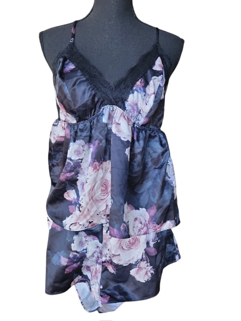 Midnight Bakery Black Floral Satin Lace Cami and Short PJ Set Women's Size L